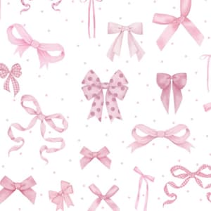 Op de afbeelding: Een herhalend patroon van roze strikken in verschillende stijlen en maten op een witte achtergrond met kleine roze stippen. De strikken omvatten effen roze, polkadot en geruite ontwerpen, wat een delicate en vrouwelijke esthetiek creëert.