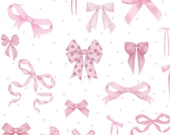 Peut inclure: Motif répété de nœuds roses de différents styles et tailles sur fond blanc parsemé de petits pois roses. Les nœuds comprennent des motifs roses unis, à pois et à carreaux, créant une esthétique délicate et féminine.