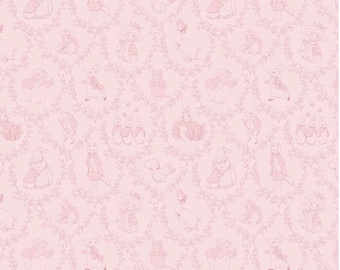 Peter Rabbit & Friends Toile Pink Fabric, Beatrix Potter Licensed Cotton Yardage by-the-yard, Quilting Material Riley Blake