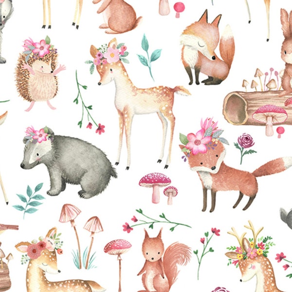 Sweet Darlings Minky Fabric by-the-yard {Shannon Fabrics Digital Cuddle Smooth} Animaux des bois sur la neige