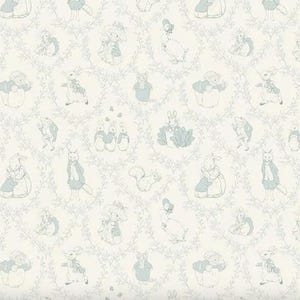 May include: Off-white wallpaper with a repeating pattern of light blue illustrations of animals and figures. The design includes rabbits, squirrels, and other characters, set against a backdrop of delicate, leafy vines.