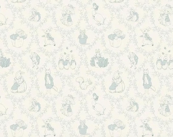 Peter Rabbit & Friends Toile Cloud and Blue Fabric, Beatrix Potter Licensed Cotton Yardage by-the-yard, Quilting Material Riley Blake