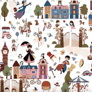 May include: A whimsical illustration featuring a repeating pattern of cartoon characters and buildings. The design includes figures with umbrellas, carousel horses, and a double-decker bus, all set against a white background. The color palette includes blues, pinks, and greens.