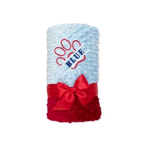 Personalized Reversible Pet Blanket { Baby Blue & Red } Machine Washable, Soft- Dog, Cat, Fur Babies + Paw Print + Name