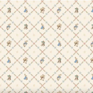 May include: Cream-colored wallpaper featuring a repeating pattern of illustrated rabbits in various poses, wearing blue and green outfits. The rabbits are set within a diamond grid of floral vines in red, blue, and green.