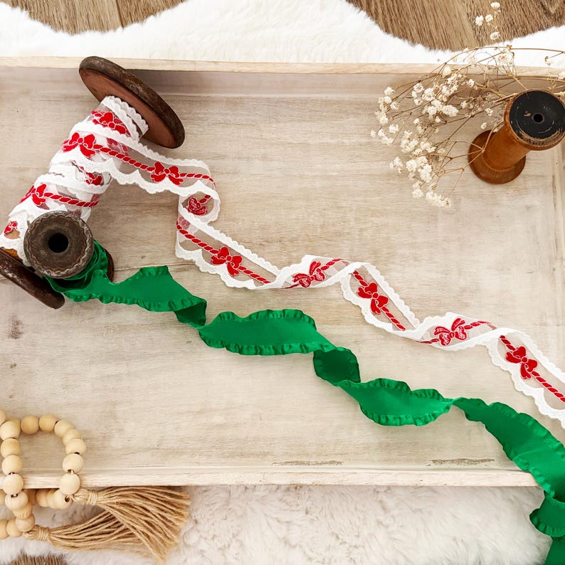 Red Ruffed Ribbon Red & Green Christmas Ribbon Set - One Piece Each of Double Ruffle Edge ...