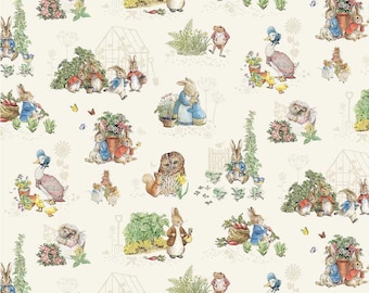 Peter Rabbit & Friends Characters Fabric, Beatrix Potter Cream Cotton Yardage, by-the-yard Quilting Material, Riley Blake CD15861-CLOUD