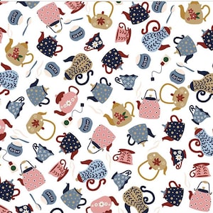 May include: A repeating pattern on a white background featuring various teapots, sugar bowls labeled with the word sugar, tea bags, and spoons. The teapots appear in shades of pink, blue, and tan with floral, polka dot, and leaf motifs.