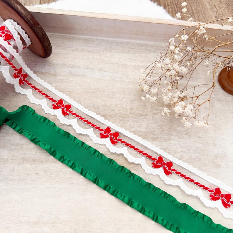 Red Ruffed Ribbon Red & Green Christmas Ribbon Set - One Piece Each of Double Ruffle Edge ...