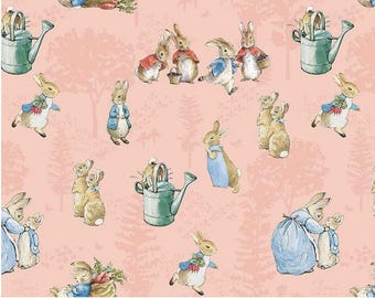 The Tale of Peter Rabbit Fabric Main in Coral  Beatrix Potter Licensed Cotton Yardage by-the-yard Quilting Material C14700-CORAL Riley Blake