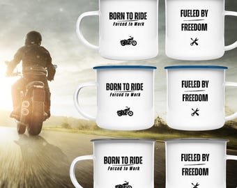 Motorcycle mug with saying | Biker enamel mug | Printed on both sides | Gift for motorcyclists | Camping mug for men | Outdoor biker mug