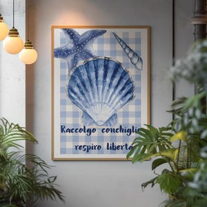 May include: A framed watercolor print featuring a blue seashell, starfish, and conch shell on a blue and white checkered background. The Italian text "Raccolgo conchiglie, respiro libertà" is displayed below the seashells.