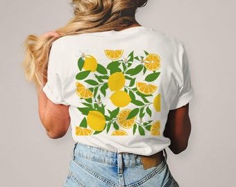 Lemon Shirt Women | Summer T-Shirt with Back Print | Italian Lemon Motif | Mediterranean Vacation Shirt | Boho T-Shirt Amalfi Style