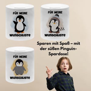 Spardose Kinder Pinguin | Wunschliste Sparbüchse | Geschenk Junge Mädchen | Porzellan Sparschwein | Geburtstag Geschenk Kind | Sparschwein