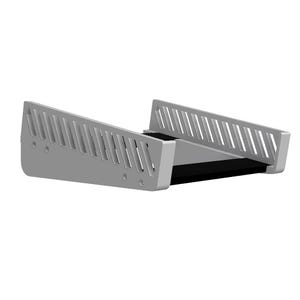 May include: A light gray plastic stand featuring two side panels with angled, parallel ventilation slots. The structure includes a flat, black horizontal base connecting the two side pieces, designed with a low-profile, open-frame construction.