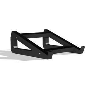 May include: A black laptop stand with a minimalist design. The stand is made of wood and has a slanted surface for the laptop to rest on. The stand is designed to elevate the laptop for better ergonomics.