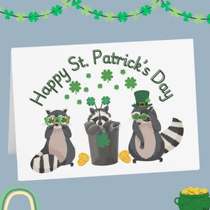 Carte raton laveur Happy St Patrick, carte raton laveur, carte trèfle à 4 feuilles, carte Happy St Paddy's day avec créature des bois ratons laveurs irlandais