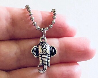 Elephant Necklace, Silver Elephant Head Charm on Stainless Steel Ball Chain, Indian African Elephants Wildlife Animals Zoo,