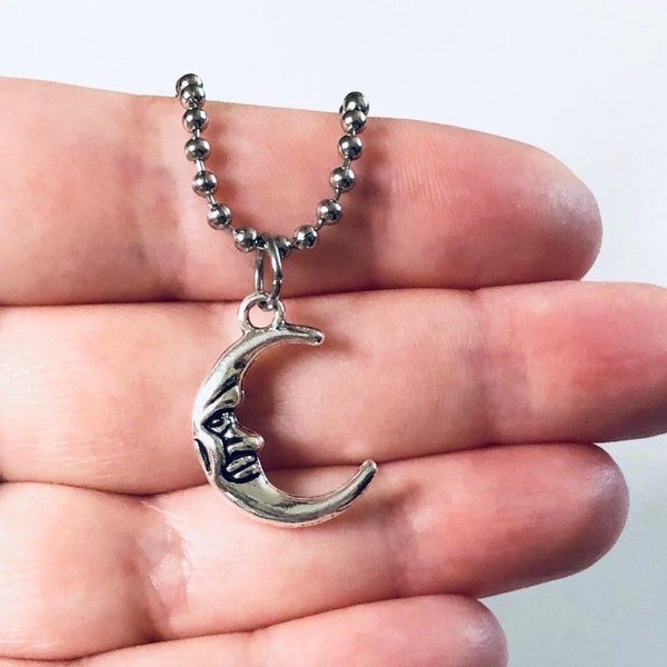 Half Moon Necklace, Silver Crescent Moon Necklace, Witchy Woman, Moon Goddess, Wicca Wiccan Witch Warlock, Stainless Steel Ball Chain