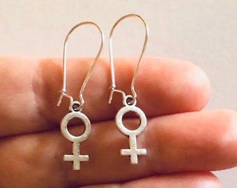 Girl Power Venus Female Symbol Silver Drop Dangle Earrings Jewelry, Lesbian Female Empowerment Earrings