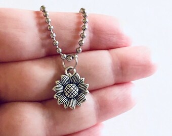 Sunflower Necklace, Hippie Hippy Boho Bohemian Floral Sunflowers Silver Ball Chain Necklace Choker Stainless Steel