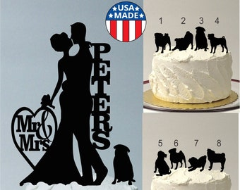 Personalized Wedding Cake Topper with Pet PUG Dog, Choice of 8 Different Silhouettes For Pug Dog, Cake Topper, Bride and Groom and PUG Dog