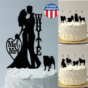 With Pet PUG Dog Choice of 8 Silhouettes, Wedding Cake Topper with Pet PUG Dog Personalized Cake Topper, Bride and Groom and PUG Dog image 1