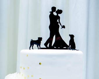 MADE In USA, With Pet Dog Wedding Cake Topper, Silhouette Wedding Cake Topper, Bride + Groom + Dog French Bulldog Pug Pet Family of 3