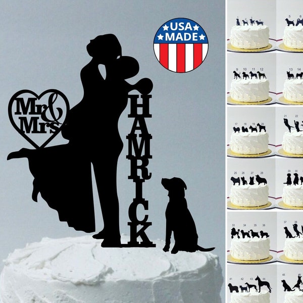 Wedding Cake Topper w/ Pet Dog Choice, (48 Different Dog Silhouettes) Bride & Groom + Dog, Groom Lifting Up Bride, Bride Short Hair Up