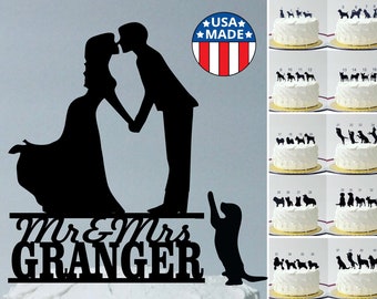 Personalized Kissing Wedding Cake Topper w/ Pet Dog Choice, (48 Different Dog Silhouettes to Choose From) Bride Groom & Dog Topper Breed