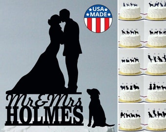 Wedding Cake Topper w/ Pet Dog Choice, (48 Different Dog Silhouettes to Choose From) Bride Groom & Dog Topper, Personalized Cake Topper