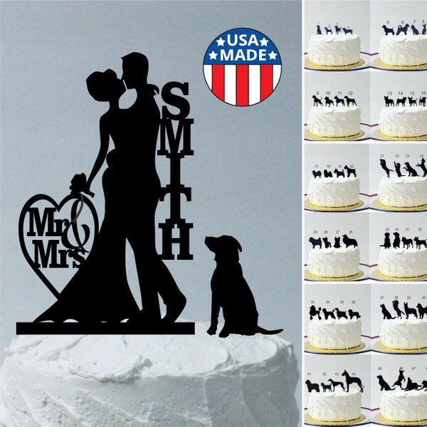 Personalized Wedding Cake Topper w/ Pet Dog Choice, (48 Different Dog Silhouettes to Choose From) Bride Groom & Dog Topper Bride Hair Up Bun