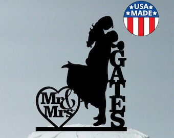 MADE In USA, Silhouette Wedding Cake Topper Lifting Up Bride Personalized With YOUR Family Last Name Mr and Mrs Wedding Cake Topper Dancing