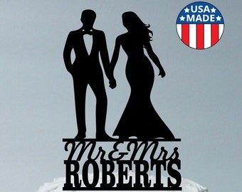 MADE In USA, Personalized Wedding Cake Topper Mr and Mrs Silhouette Topper, Personalized with YOUR Last Name + Date