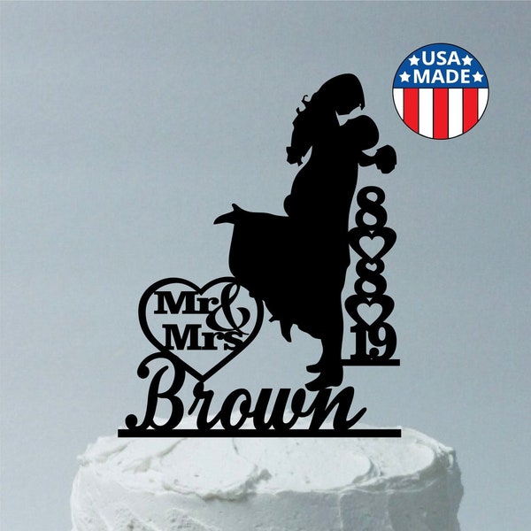 Personalized Wedding Cake Topper, Personalized With YOUR Family Last Name and Wedding Date, Silhouette Cake Topper Groom Lifting Up Bride