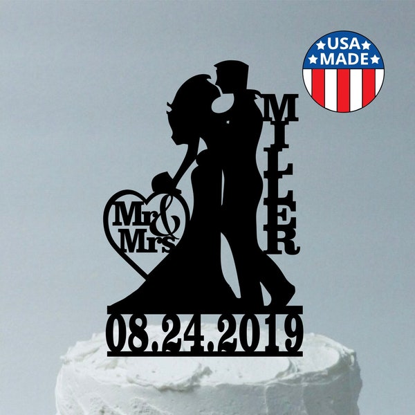 Personalized Wedding Cake Topper Bride and Groom with Name and Date, Mr & Mrs Silhouette Topper