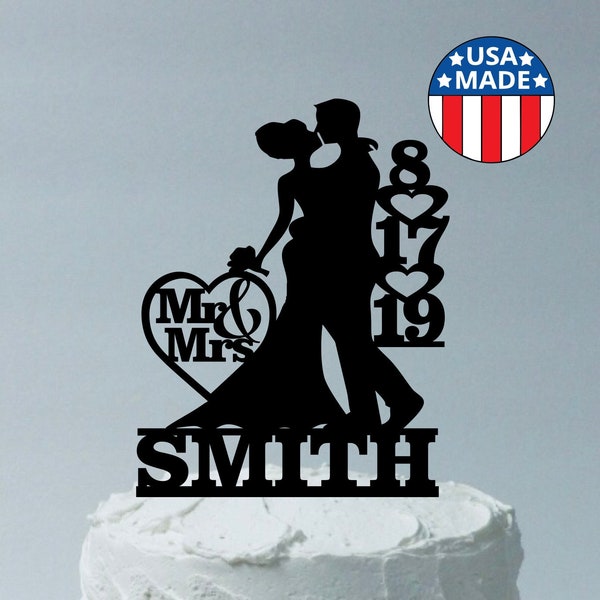 MADE In USA, Personalized Wedding Cake Topper Personalized With YOUR Family Last Name + Wedding Date Silhouette Wedding Cake Topper Bride