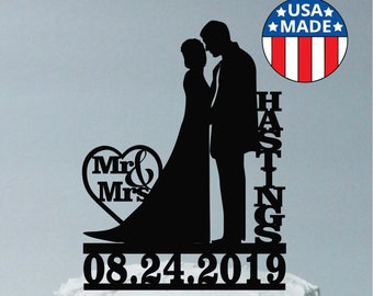 Bride and Groom Personalized Wedding Cake Topper with Name and Date, Mrs & Mrs Silhouette Topper, Beautiful Cake Topper for Special Day