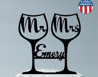 MADE In USA, Personalized Mr & Mrs Toasting Wine Glass Wedding Cake Topper, Champagne Glass Wedding Cake Topper, Toasting Glasses