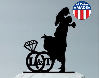 MADE In USA, Personalized Wedding Cake Topper With YOUR Initials of the Bride & Groom in a Wedding Ring Design Silhouette Cake Topper