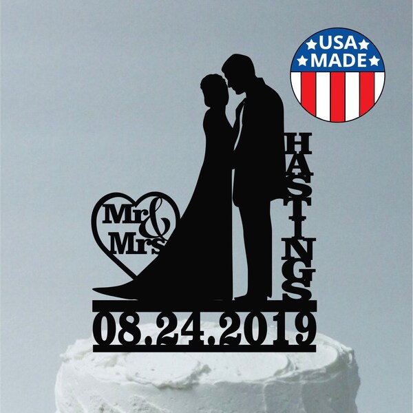 Bride and Groom Personalized Wedding Cake Topper with Name and Date, Mrs & Mrs Silhouette Topper, Beautiful Cake Topper for Special Day