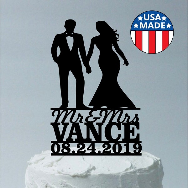 Personalized Wedding Cake Topper Bride and Groom with Name and Date, Mrs & Mrs Silhouette Topper, Groom in Tux Suit Bride in Fitted Dress