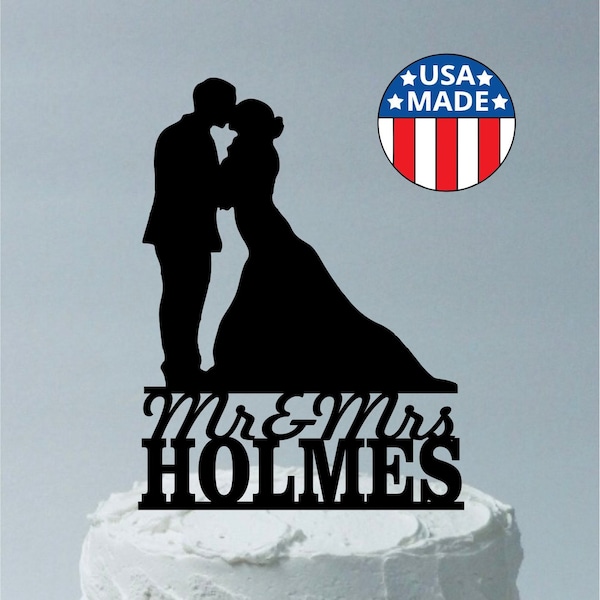 Personalized Wedding Cake Topper, Mrs & Mrs Bride And Groom, Bride in Flowy Dress Ball Gown Style Kissing, Groom Custom Cake Topper