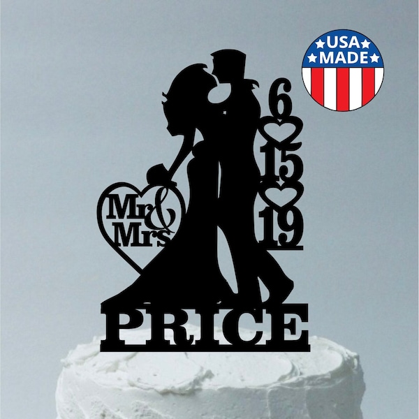 Wedding Cake Topper Personalized With YOUR Family Last Name + Wedding Date, Bride Long hair, Silhouette Wedding Cake Topper Bride & Groom