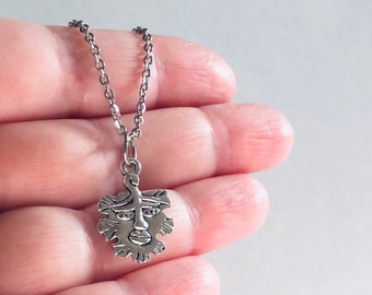 Silver Face Leaf Necklace, Green Man Necklace, Wicca Wiccan Witchy Woman Pagan Witch, Nature Leaves