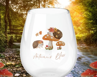 Hedgehogs Wine Glass, Autumn Hedgehogs on Mushrooms Wine Glass, Cottagecore Wine Glass, Fall Hedgehogs Stemless Wine Glass, Hedgehogs Gifts