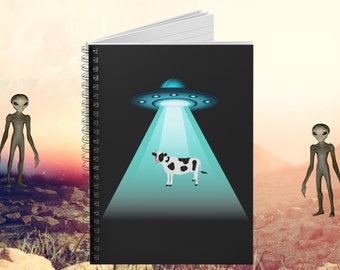 Funny Aliens Notebook, UFO Notebook, Flying saucer Notebook, Alien Spaceship Beaming Up a Cow Stationery, Funny Aliens Journal, UFO Gifts