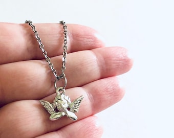 Silver Cherub Necklace 18” Stainless Steel Chain, Baby Angel Necklace, Cherubs Cottage Core Aesthetic