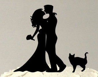 MADE In USA, Wedding Cake Topper Silhouette Cat + Bride & Groom With Pet Cat Family of 3 Hair Down Bride Cake Topper Bride Groom