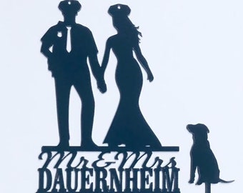 Police Officer Wedding Cake Topper, Policeman Groom & Police Woman Bride + Dog of Your Choice, Pet Dog, Both Wearing Police Hats Topper
